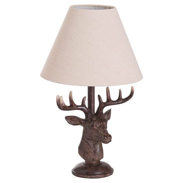 The Stag Head Table Lamp with Linen Shade is a stunning statement piece, blending classic country charm with refined elegance. Featuring a beautifully sculpted stag head base, this lamp is perfect for rustic, traditional, and lodge-style interiors. Paired with a neutral linen shade, the lamp emits soft, warm lighting, making it ideal for bedrooms, living rooms, or cosy reading nooks. The intricate detailing and timeless design ensure it complements a variety of décor styles, adding a touch of nature-inspired sophistication. Ideal for those who love unique, characterful home décor, the Stag Head Table Lamp brings a sense of grandeur and warmth to any space.