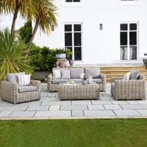 This sophisticated five-seater arrangement includes a spacious sofa and two matching armchairs, offering ample seating with plush cushions for maximum comfort. The modern and minimalist aesthetic ensures this set blends seamlessly into contemporary patios, garden terraces, and outdoor retreats. Ideal for stylish outdoor lounging, the Amalfi Collection Five-Seater Set delivers unmatched quality and timeless elegance, making it the ultimate investment in luxurious outdoor living.