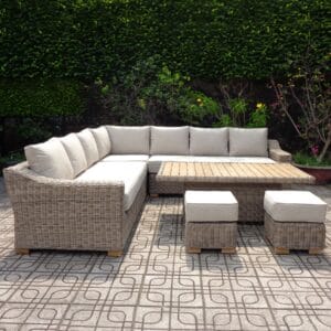 The flexible corner seating provides ample space for guests, while the adjustable riser table allows seamless transition between a coffee table and a dining-height table, offering both casual and formal outdoor experiences. The two matching stools provide additional seating while maintaining a cohesive and stylish design. Ideal for contemporary patios, garden terraces, or poolside lounging, the Capri Large Corner Set blends functionality, durability, and elegance, making it the perfect choice for luxurious outdoor living.