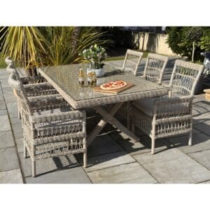 Featuring a spacious dining table and six matching chairs with plush cushions, the Provence Collection offers ample seating and timeless charm. Its classic yet modern design makes it a perfect fit for traditional, contemporary, or rustic gardens and patios. Ideal for family gatherings, outdoor entertaining, and stylish garden dining, the Provence 6-Seater Dining Set provides exceptional quality, comfort, and elegance for your outdoor space.