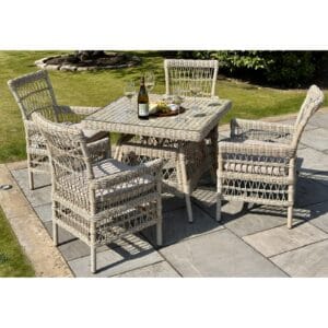 Featuring a sturdy dining table and four matching chairs with plush cushions, the Provence Collection offers exceptional comfort and timeless charm. Its classic yet contemporary design ensures it blends seamlessly into modern, traditional, and rustic outdoor settings. Perfect for intimate gatherings, alfresco dining, or enjoying a morning coffee outdoors, the Provence 4-Seater Dining Set is a must-have for sophisticated garden living.