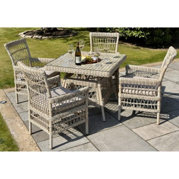 Featuring a sturdy dining table and four matching chairs with plush cushions, the Provence Collection offers exceptional comfort and timeless charm. Its classic yet contemporary design ensures it blends seamlessly into modern, traditional, and rustic outdoor settings. Perfect for intimate gatherings, alfresco dining, or enjoying a morning coffee outdoors, the Provence 4-Seater Dining Set is a must-have for sophisticated garden living.