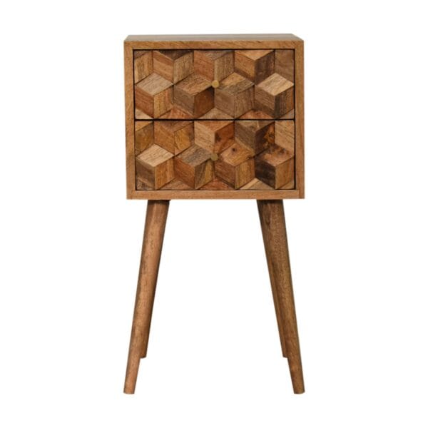 Mini cube carved 2-drawer bedside table with a stylish wooden design, intricate detailing, and spacious storage. Ideal for modern and rustic bedroom interiors.