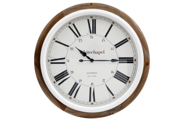 Large white framed clock on wooden background with premium metal enamel look