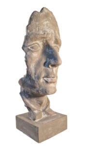 Large grey face statue on stand, commanding 90cm statement art piece for indoor and outdoor décor