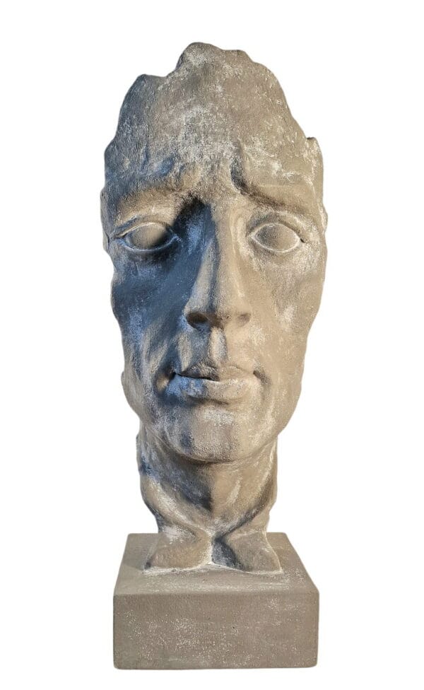 Large grey face statue on stand, commanding 90cm statement art piece for indoor and outdoor décor