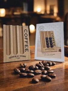 Stylish freestanding wooden coffee pod holder with natural finish for modern kitchen storage