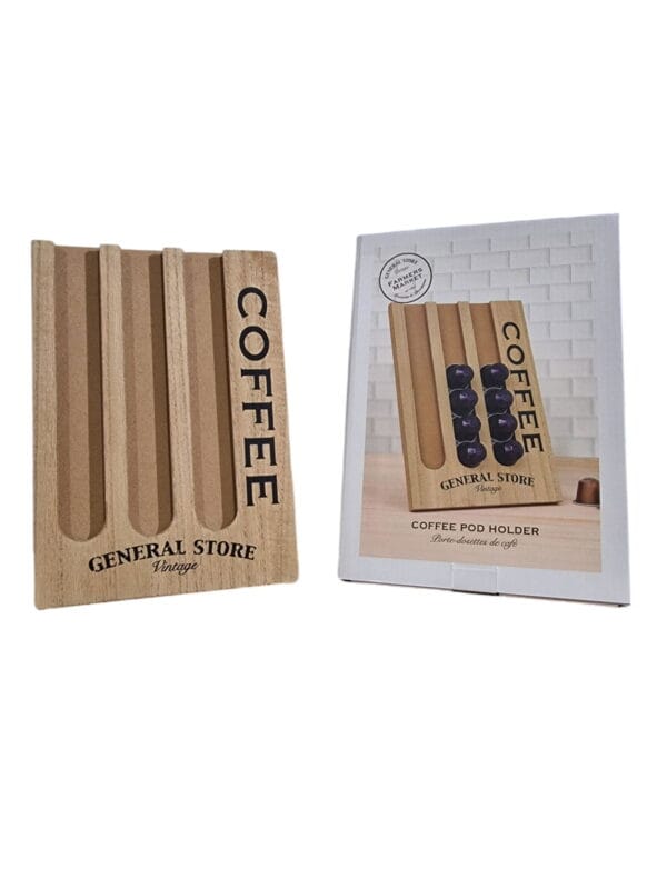 Stylish freestanding wooden coffee pod holder with natural finish for modern kitchen storage