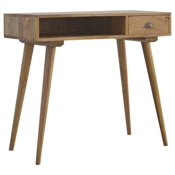 Solid wood writing desk with open slot storage, featuring a sleek and durable design. Ideal for home offices, study areas, and modern interiors.
