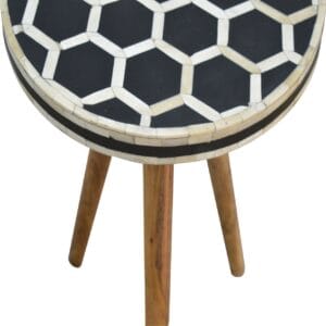 Bone inlay tripod stool with intricate handcrafted detailing, designed for stylish and elegant home interiors. Perfect as an accent stool or decorative seating.