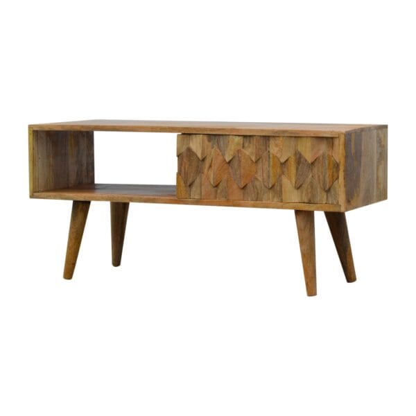 Pineapple carved media unit with sliding door, made from solid wood. Stylish and functional TV stand with intricate detailing and ample storage.