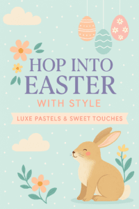 Illustrated Easter poster with a cute bunny, pastel flowers, hanging eggs, and the text “Hop Into Easter With Style – Luxe Pastels & Sweet Touches” on a light turquoise background.