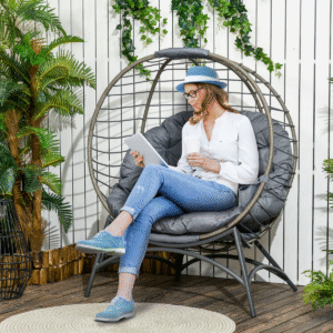 Outsunny Hanging Rattan Egg Chair – Wicker Basket with Cushion & Bottle Holder - Image 2
