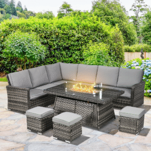 7-Seater Rattan Garden Furniture Set with Fire Pit Table – Outsunny - Image 2