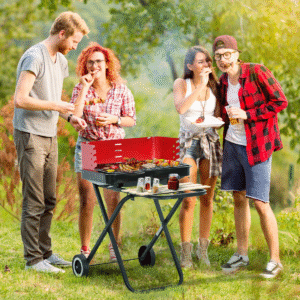 Foldable Charcoal BBQ Grill with Wheels – Red & Black | Stylish & Portable - Image 2