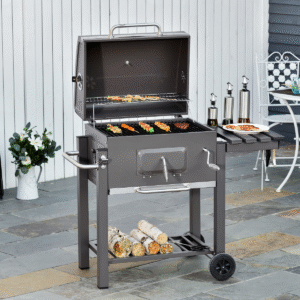 Charcoal BBQ Trolley Grill with Thermometer & Side Shelf – Steel, Black - Image 2