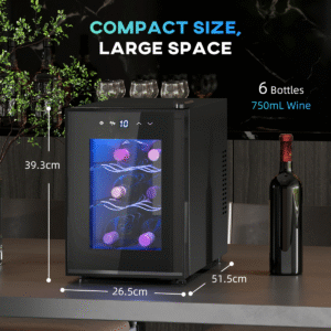 HOMCOM Mini Beer and Wine Fridge | 6 Bottle Glass Door Cooler with Touch Screen - Image 3