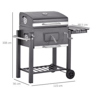 Charcoal BBQ Trolley Grill with Thermometer & Side Shelf – Steel, Black - Image 3