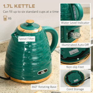 HOMCOM 1.7L Rapid Boil Kettle & 4 Slice Toaster Set | Green Stylish Design - Image 4