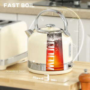HOMCOM 1.7L 3000W Cream Kettle & 2-Slice Toaster Set | Fast Boil Electric Kettle - Image 4