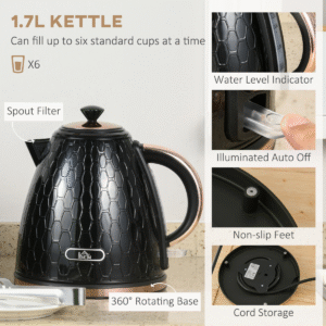 HOMCOM Kettle & 2-Slice Toaster Set | 1.7L Fast Boil Kettle & Sleek Toaster - Image 4