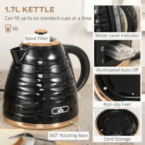 HOMCOM Black Kettle & 4-Slice Toaster Set | 1.7L Rapid Boil Kettle & Toaster - Image 4