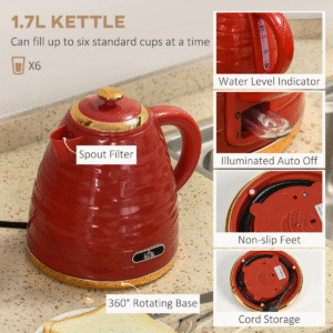HOMCOM Red Retro Kettle & Toaster Set | 1.7L Electric Kettle & 4-Slice Toaster - Image 4