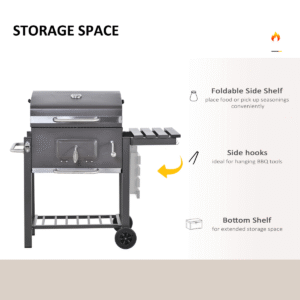 Charcoal BBQ Trolley Grill with Thermometer & Side Shelf – Steel, Black - Image 4