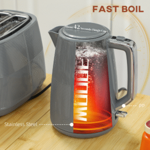 HOMCOM 1.7L Fast Boil Kettle & 2-Slice Toaster Set – Grey | Compact & Stylish - Image 4
