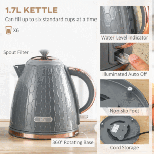 HOMCOM 1.7L Fast Boil Kettle & 2-Slice Toaster Set | Grey | Stylish Compact Design - Image 4