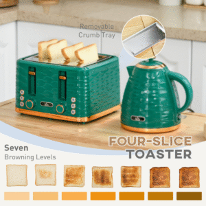 HOMCOM 1.7L Rapid Boil Kettle & 4 Slice Toaster Set | Green Stylish Design - Image 5