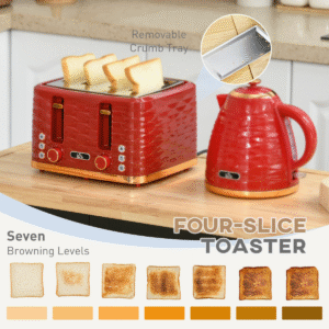 HOMCOM Red Retro Kettle & Toaster Set | 1.7L Electric Kettle & 4-Slice Toaster - Image 5