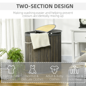 100L Bamboo Laundry Basket with 2 Compartments – Grey | HOMCOM Sustainable & Stylish - Image 6