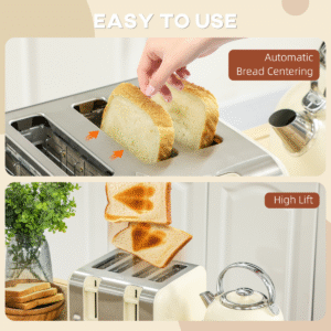 HOMCOM 1.7L 3000W Cream Kettle & 2-Slice Toaster Set | Fast Boil Electric Kettle - Image 7