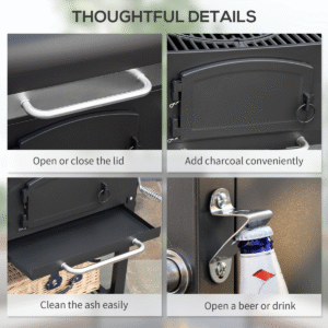 Outsunny Charcoal BBQ Grill Trolley | Adjustable Charcoal Height + Thermometer - Image 7