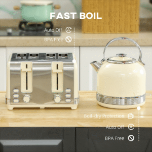 HOMCOM 1.7L 3000W Cream Kettle & 2-Slice Toaster Set | Fast Boil Electric Kettle - Image 8