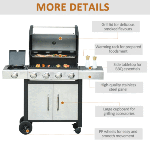 Gas Barbecue Grill 4+1 Burner BBQ Trolley Rack 128x50x113cm Stainless Steel - Image 8