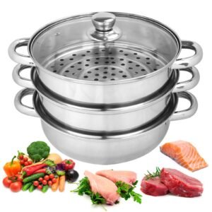 3 Tier Stainless Steel Steamer 25cm | Glass Lid | Healthy Cooking | AS-94073 - Image 2