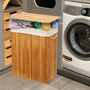 Natural Bamboo Rectangular Laundry Basket with Divider & Lid | Eco-Friendly Storage - Image 3