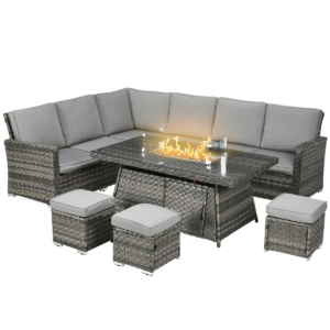 7-Seater Rattan Garden Furniture Set with Fire Pit Table
