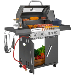 Outsunny 4+1 Burner Gas BBQ Grill with Clear View Lid, Thermometer, Black