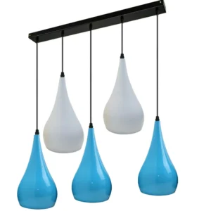 5 Light Blue & White Pendant Hanging Light | Luxe Chelsea Living Industrial Ceiling Fixture - Image 3