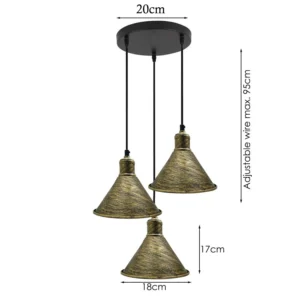 3 Head Industrial Pendant Chandelier | Brushed Brass Metal Cage Light - Image 3