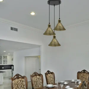 3 Head Industrial Pendant Chandelier | Brushed Brass Metal Cage Light - Image 4