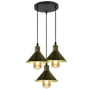 3 Head Industrial Pendant Chandelier | Brushed Brass Metal Cage Light - Image 7