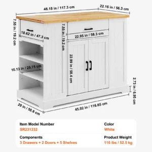 LVTIN White Kitchen Island Trolley with Drawer & Storage Shelves | Luxe Chelsea Living - Image 6