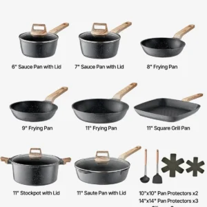 VEVOR 19 Piece Pots and Pans Set Granite Nonstick Kitchen Cookware Black