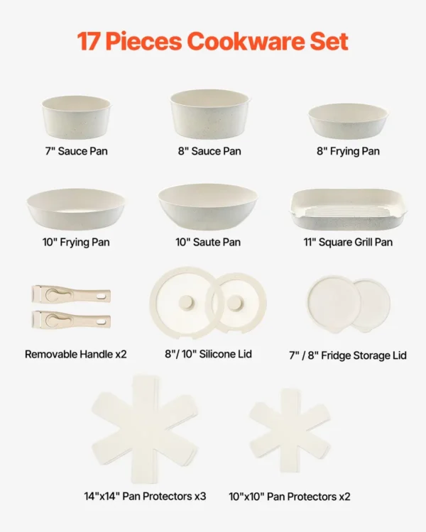 VEVOR 17 Piece Pots and Pans Set Granite Nonstick Kitchen Cookware White