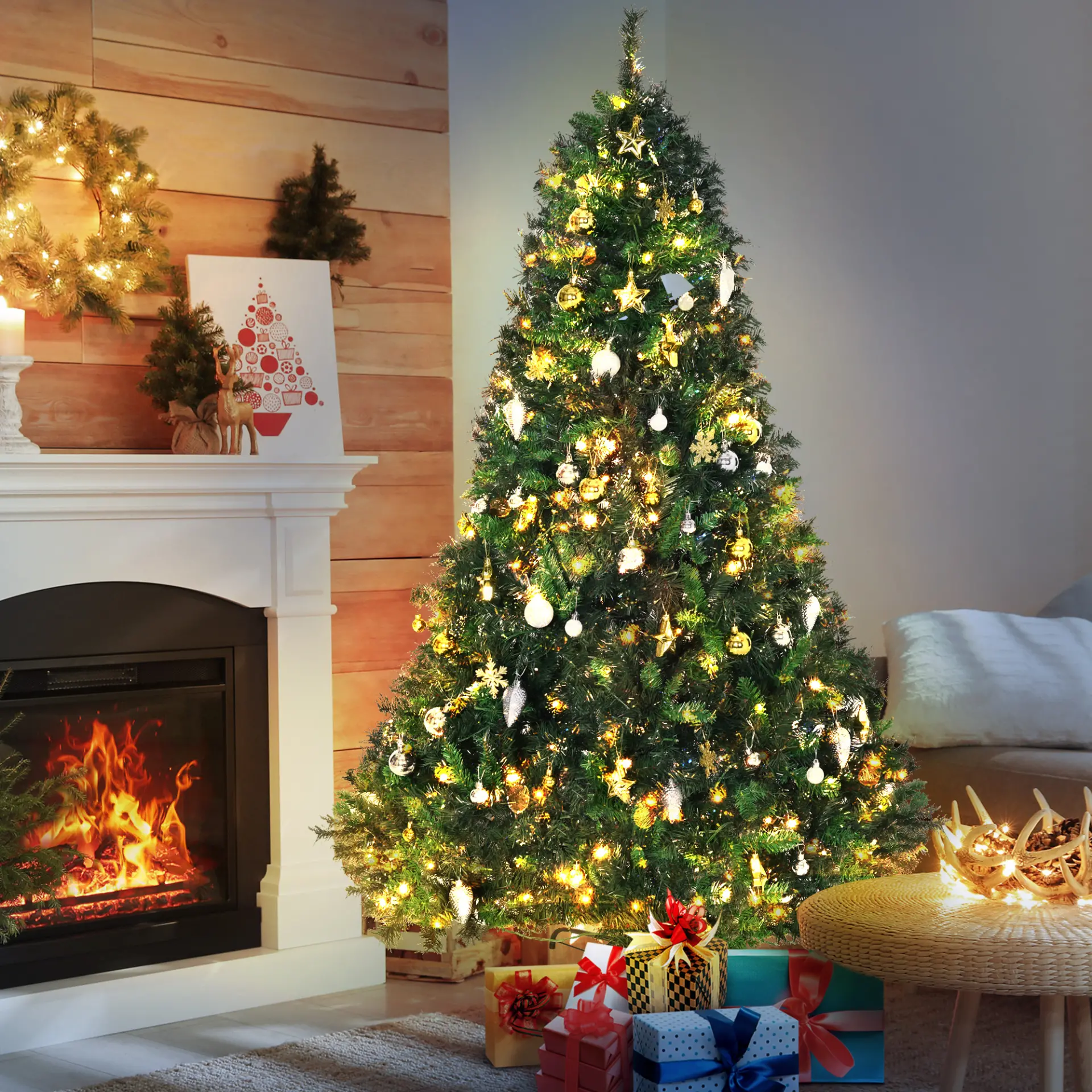 HOMCOM 1.8m 6ft Pre-Lit Artificial Christmas Tree 200 LED Xmas Tree Holiday Decor with Decorative Balls Ornament Metal Stand 2 HOMCOM 1.8m 6ft Pre-Lit Artificial Christmas Tree 200 LED Xmas Tree Holiday Decor with Decorative Balls Ornament Metal Stand - Image 2