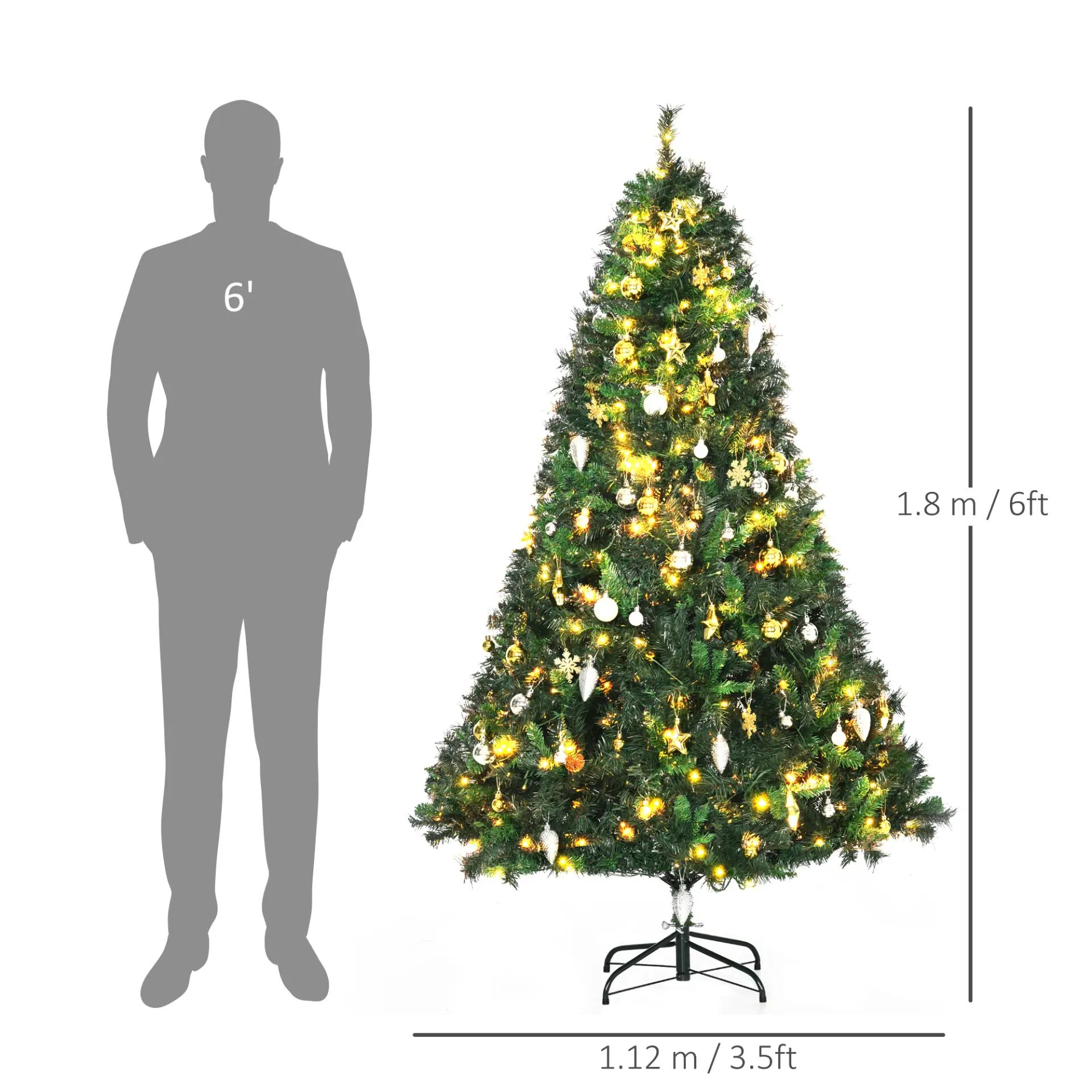 HOMCOM 1.8m 6ft Pre-Lit Artificial Christmas Tree 200 LED Xmas Tree Holiday Decor with Decorative Balls Ornament Metal Stand 3 HOMCOM 1.8m 6ft Pre-Lit Artificial Christmas Tree 200 LED Xmas Tree Holiday Decor with Decorative Balls Ornament Metal Stand - Image 3